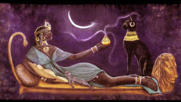 Bastet, originalmente a deusa-leoa da guerra durante boa parte da história do Egito antigo, posteriormente adaptada a imagem mais comum de deusa-gata da proteção.
